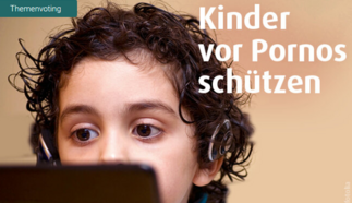 Ein Junge mit lockigem Haar schaut konzentriert auf ein Tablet. Der Text neben ihm fordert dazu auf, Kinder vor Pornografie zu schützen. (Text KI generiert)