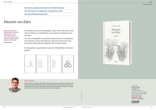 Das Bild zeigt eine Buchseite mit dem Titel "Diesseits von Eden" und Informationen über den Autor Uwe Rosenberg. Es enthält eine kurze Beschreibung des Buchinhalts sowie Illustrationen und eine Abbildung des Buchcovers. Unten links ist ein Foto des Autors zu sehen. (Text KI generiert)