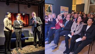 Zwei Szenen von einer Veranstaltung: Links stehen zwei Frauen und ein Mann auf einer Bühne, während sie sprechen. Rechts sitzt ein Publikum, das applaudiert und aufmerksam zuschaut. Die Atmosphäre ist feierlich und interessiert. (Text KI generiert)