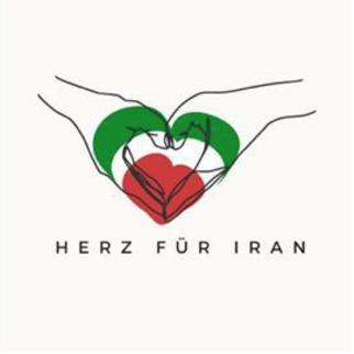 Zwei Hände formen ein Herz, das in den Farben der iranischen Flagge gestaltet ist. Darunter steht der Schriftzug "HERZ FÜR IRAN". (Text KI generiert)