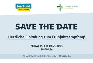 Einladung zu einem Frühjahrempfang am 10. April 2024 um 18:00 Uhr in der St. Matthäuskirche in Berlin. Das Event wird von Tearfund Deutschland und der Evangelischen Allianz Deutschland organisiert. (Text KI generiert)