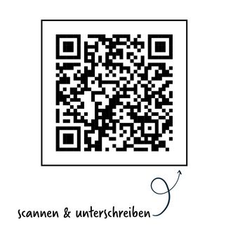 Ein QR-Code in einem quadratischen Rahmen mit der Aufforderung "scannen & unterschreiben" darunter. (Text KI generiert)